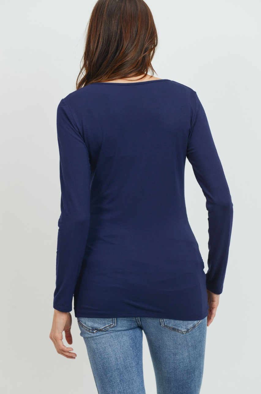 Navy V-Neck Side Ruched Long Sleeve Maternity Top