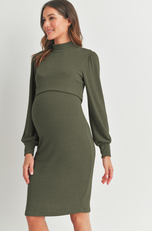 Olive Rib Maternity & Nursing Dress