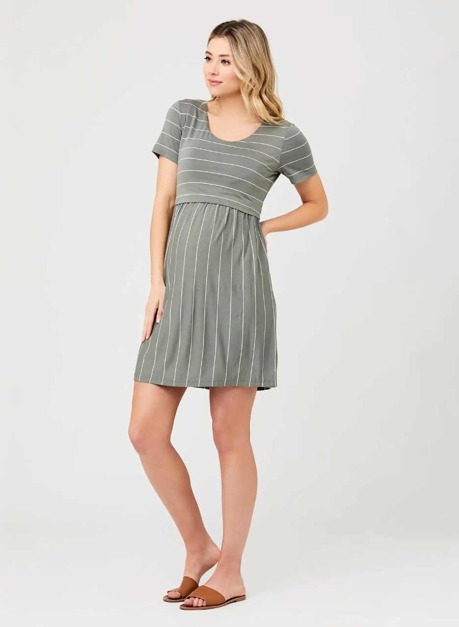 Olive/White Stripe Maternity & Nursing Dress