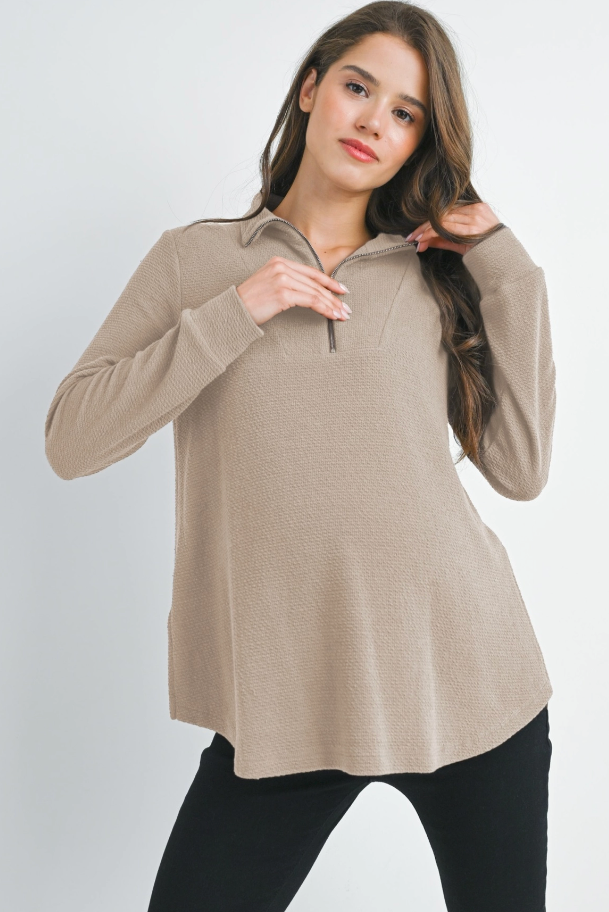 Taupe Half Zip Ribbed Maternity Top