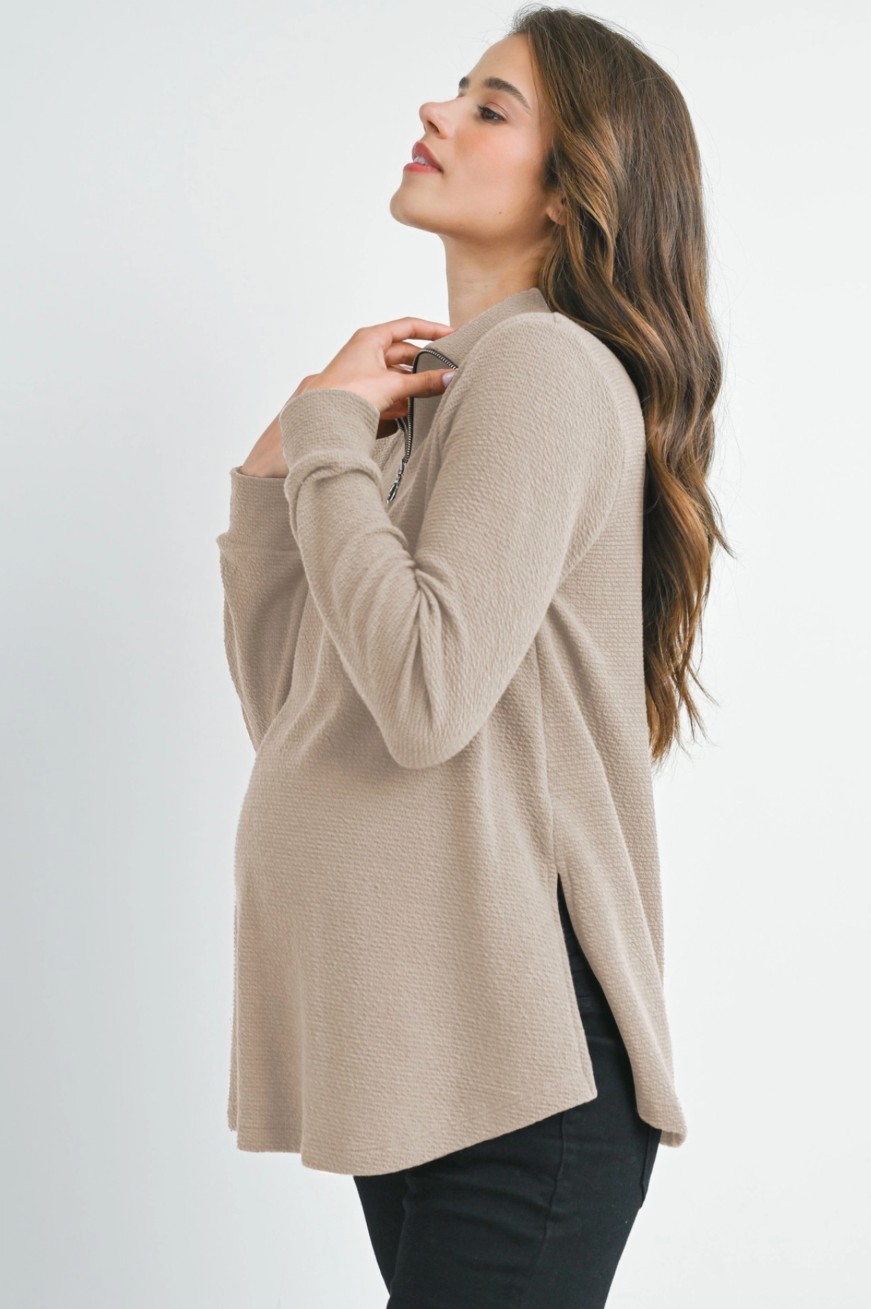 Taupe Half Zip Ribbed Maternity Top