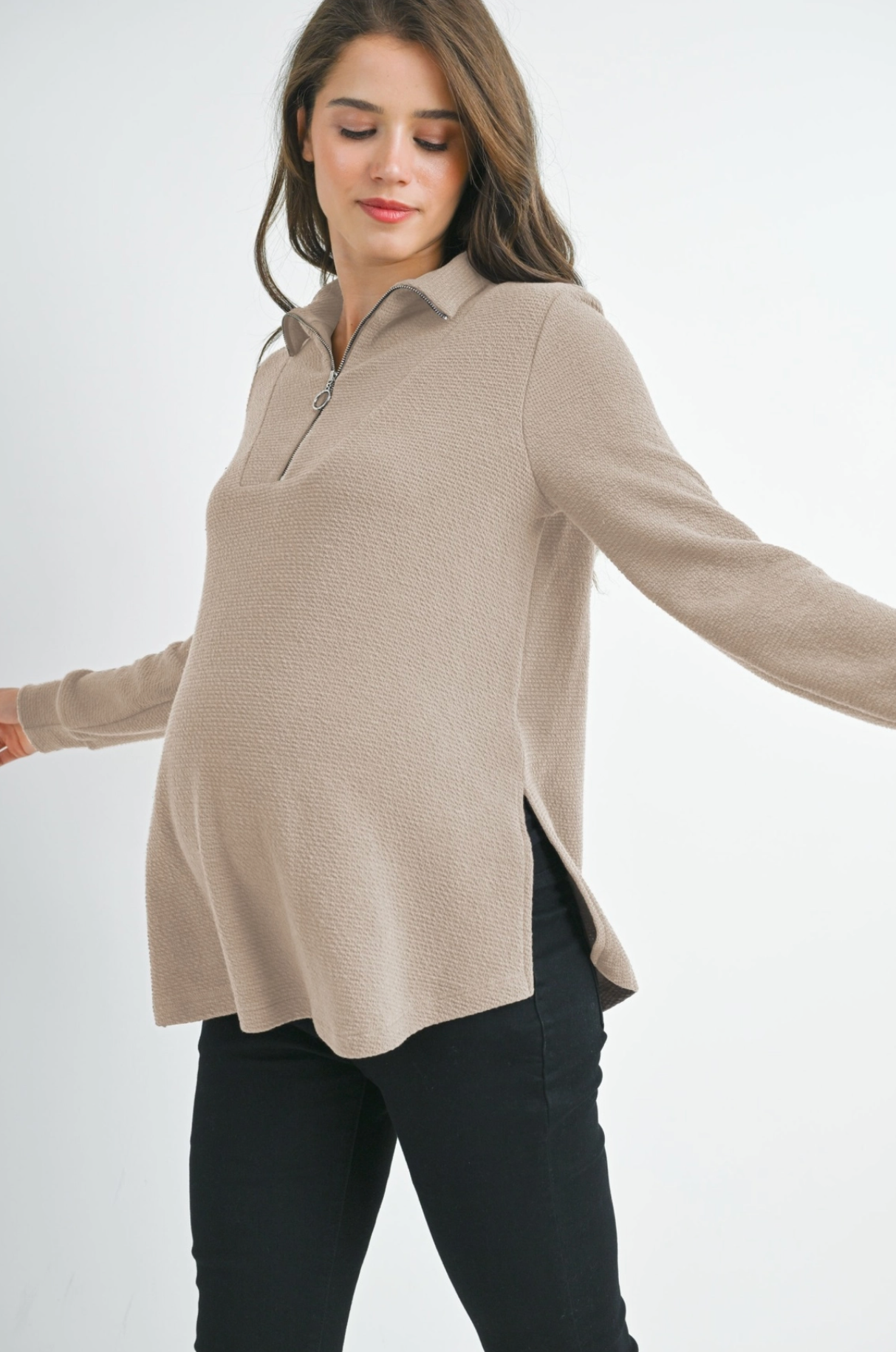 Taupe Half Zip Ribbed Maternity Top