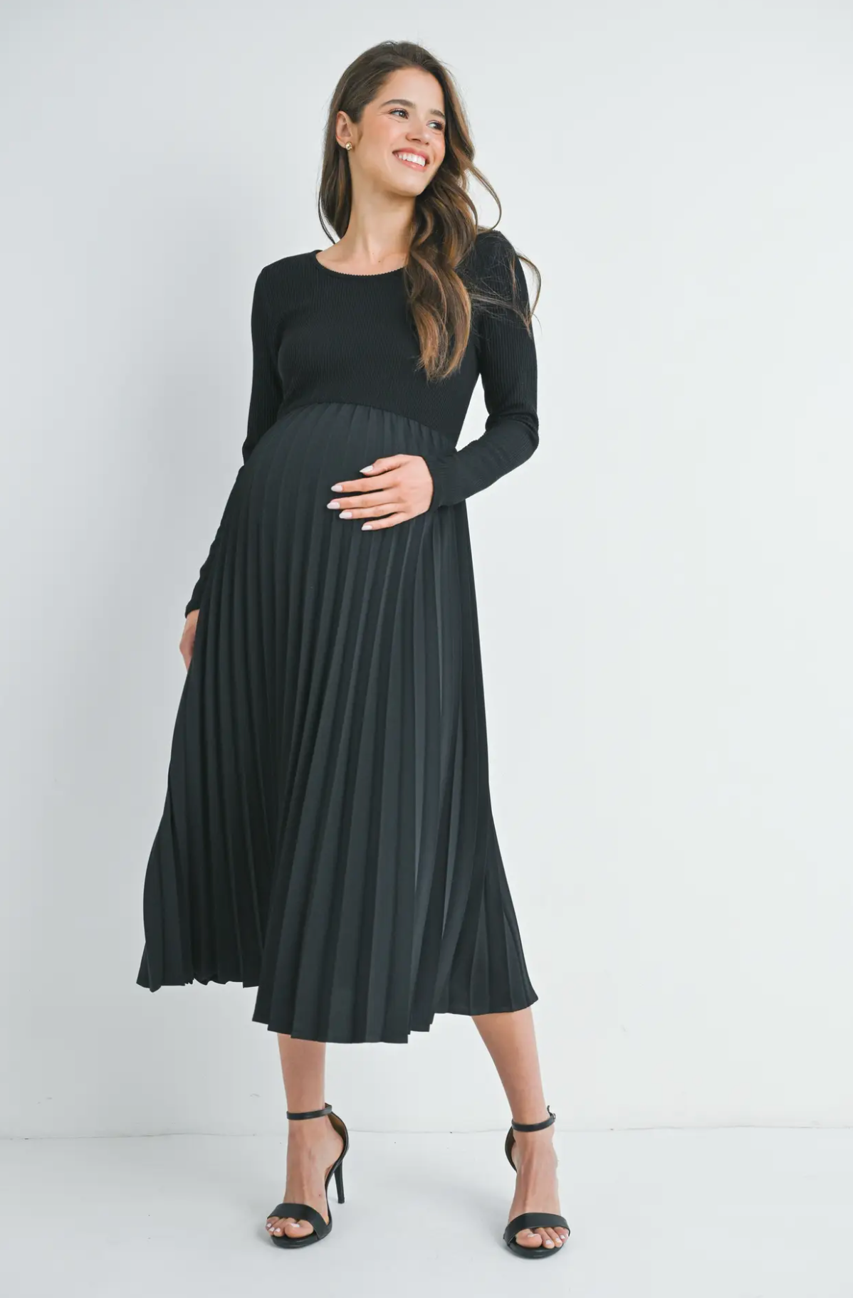 Long Sleeve Pleat Skirt Maternity Dress