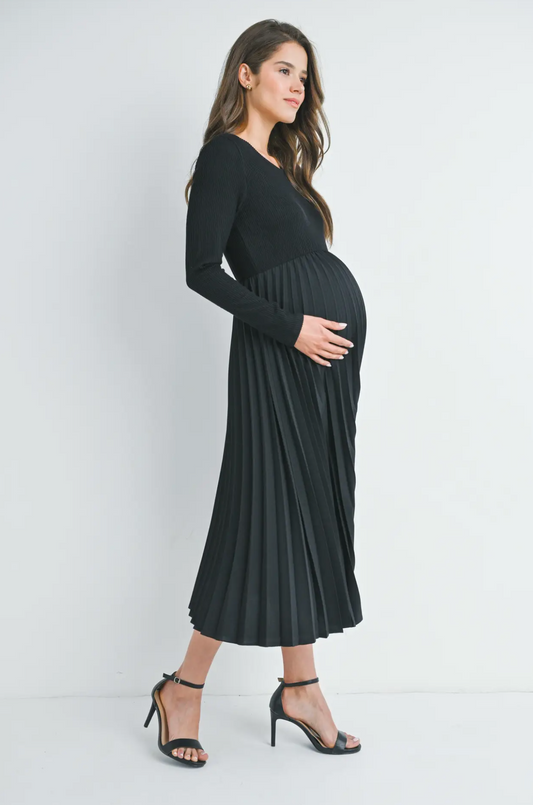 Long Sleeve Pleat Skirt Maternity Dress