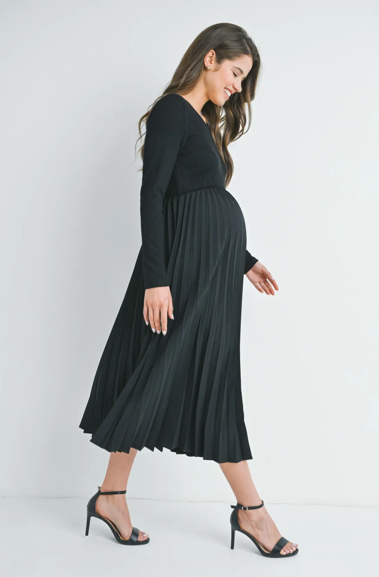 Long Sleeve Pleat Skirt Maternity Dress