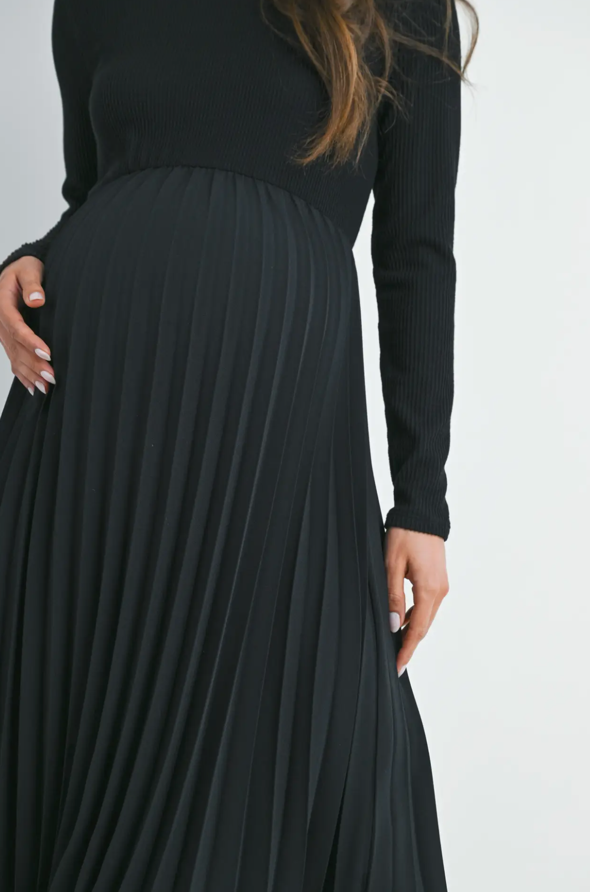 Long Sleeve Pleat Skirt Maternity Dress