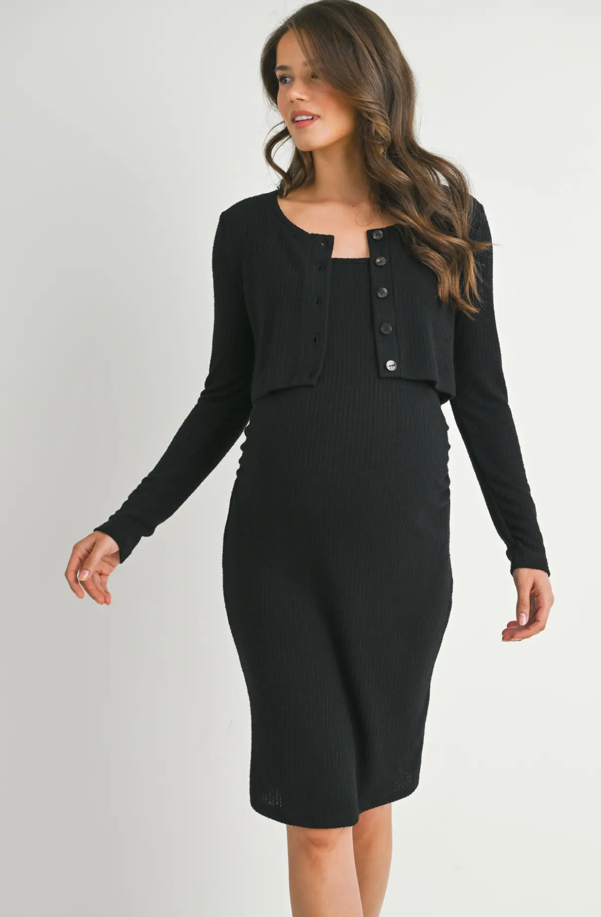 Ribbed Crop Cardigan And Dress Maternity Set