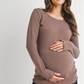 Mocha Ribbed Lettuce Hem Maternity Top