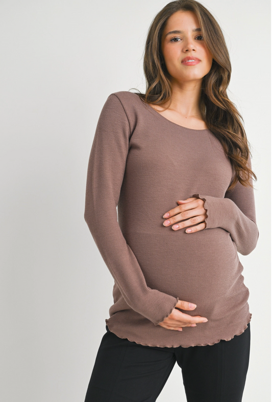 Mocha Ribbed Lettuce Hem Maternity Top