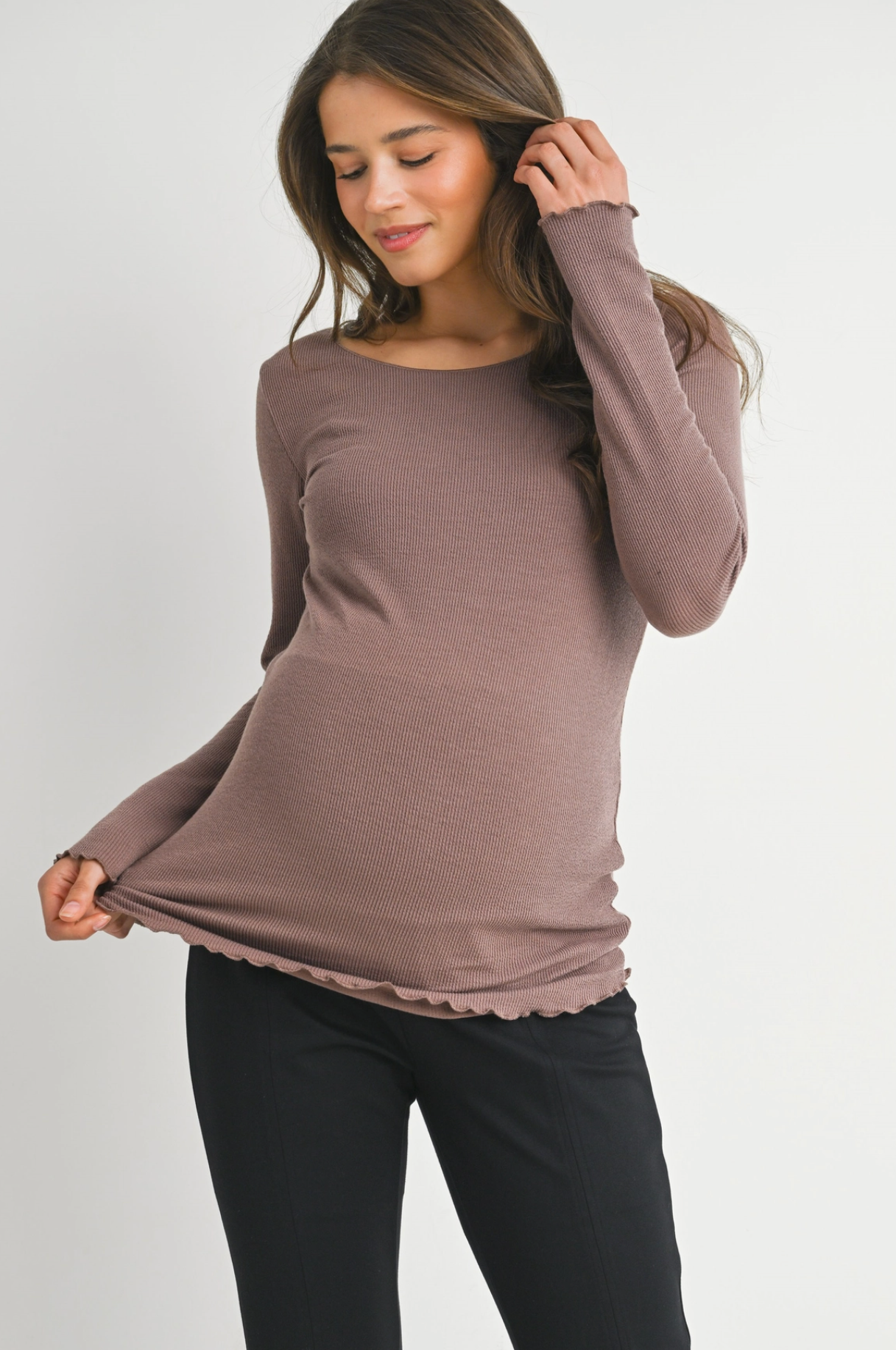 Mocha Ribbed Lettuce Hem Maternity Top