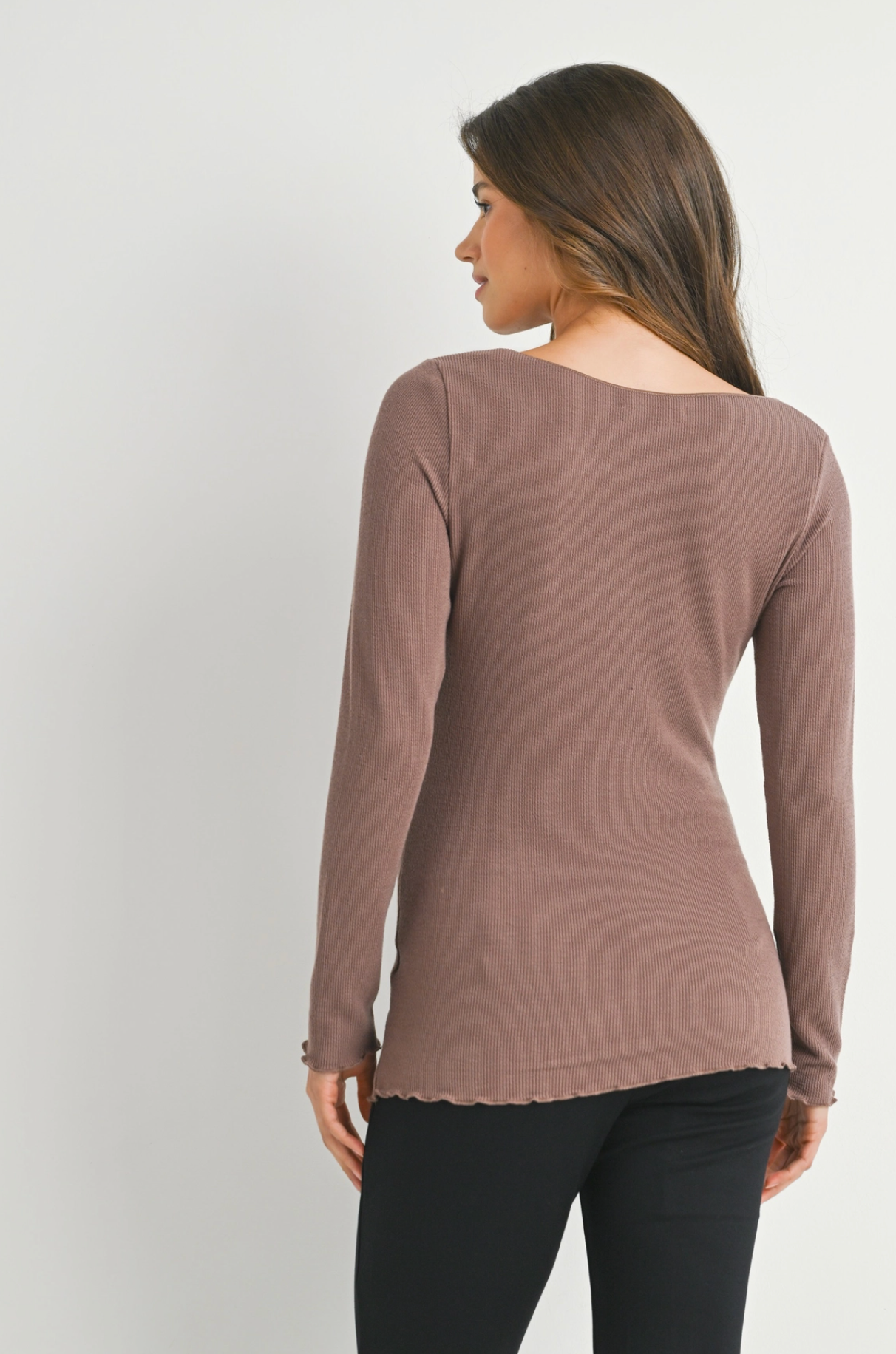 Mocha Ribbed Lettuce Hem Maternity Top