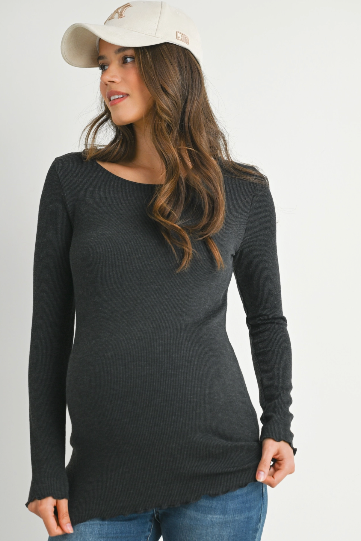 Charcoal Ribbed Lettuce Hem Maternity Top