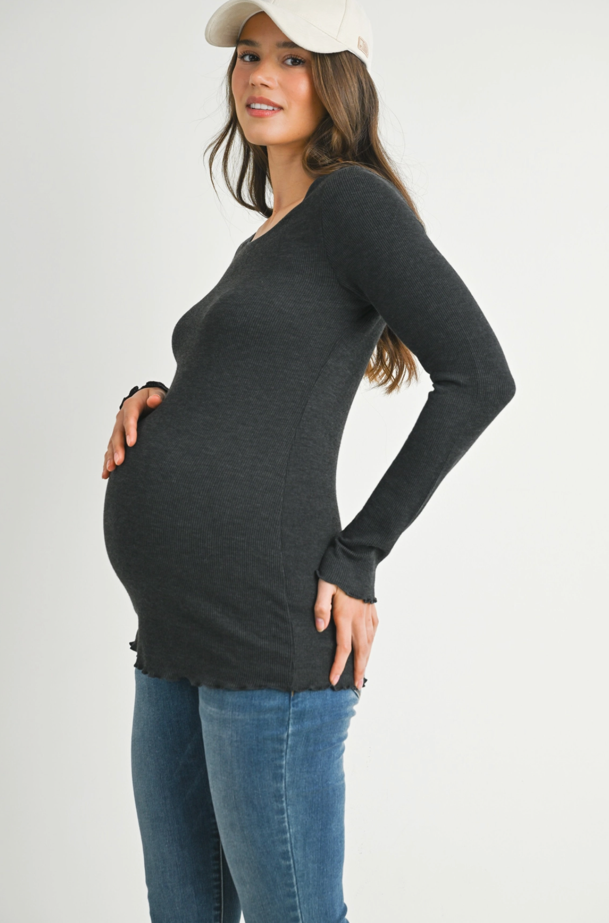 Charcoal Ribbed Lettuce Hem Maternity Top