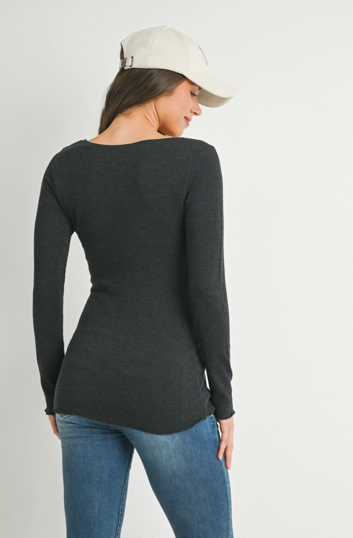 Charcoal Ribbed Lettuce Hem Maternity Top