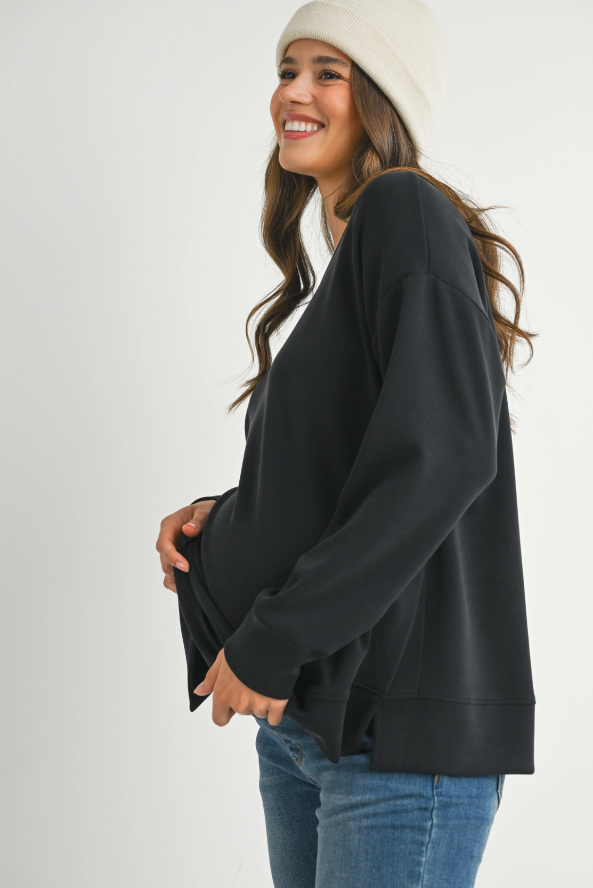 Black Side Slit Maternity Pullover