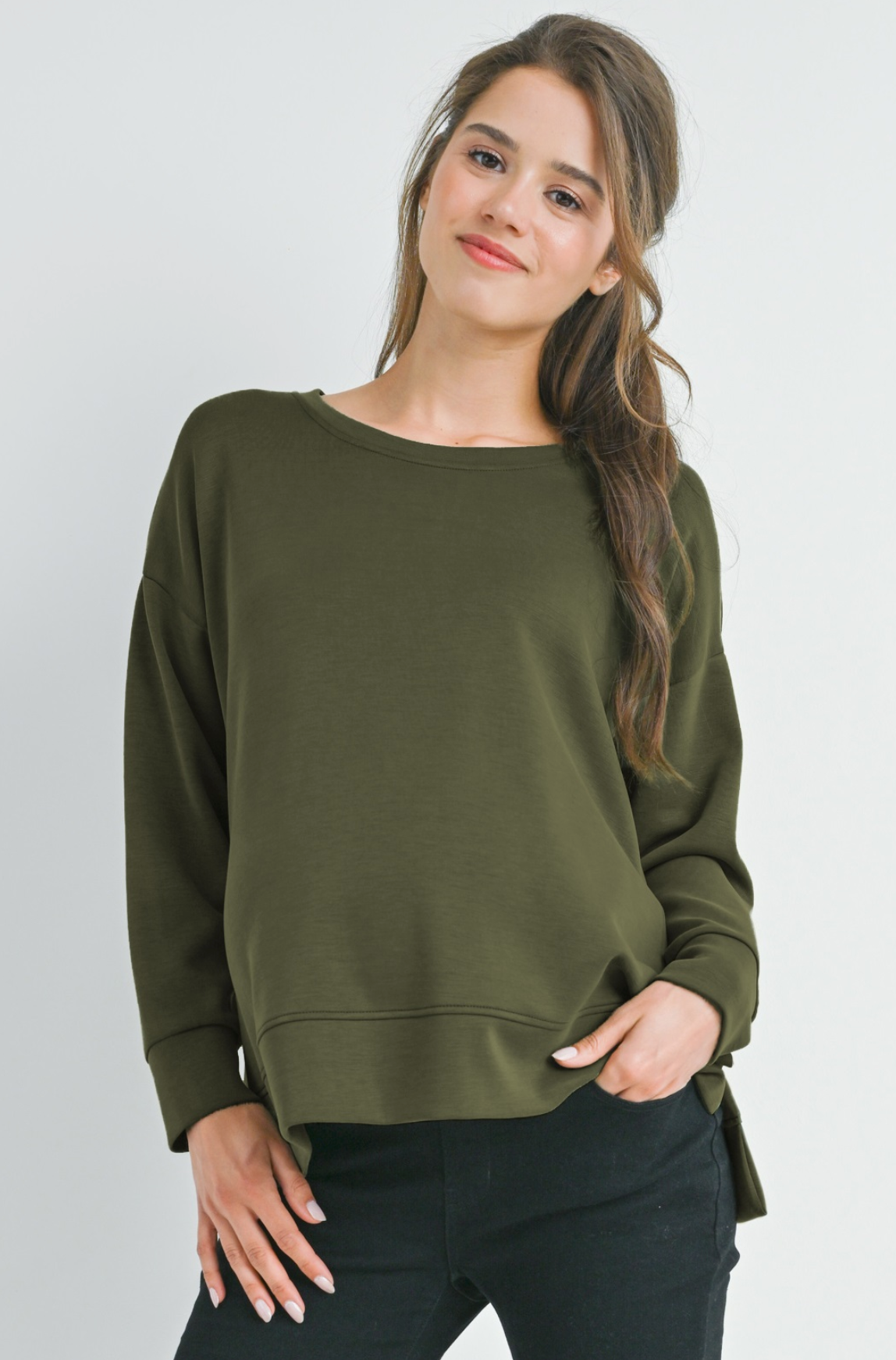 Olive Side Slit Maternity Pullover