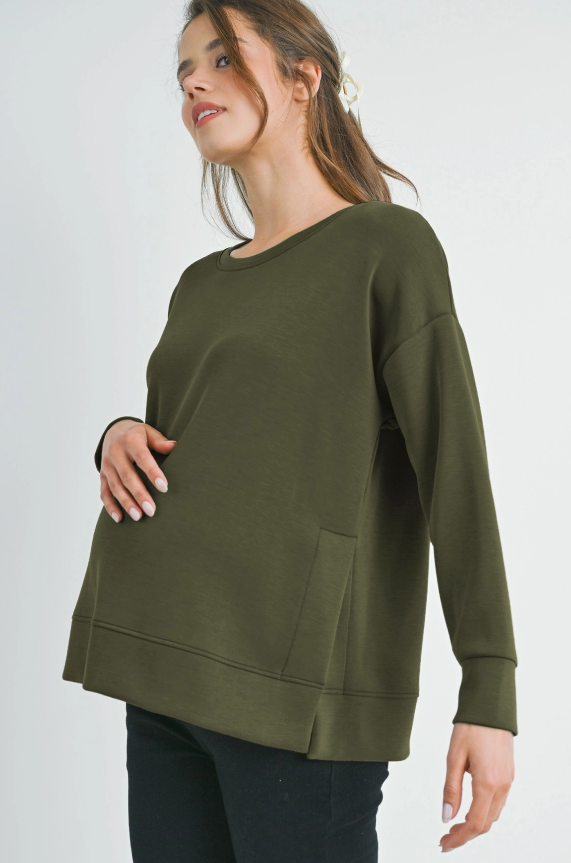 Olive Side Slit Maternity Pullover