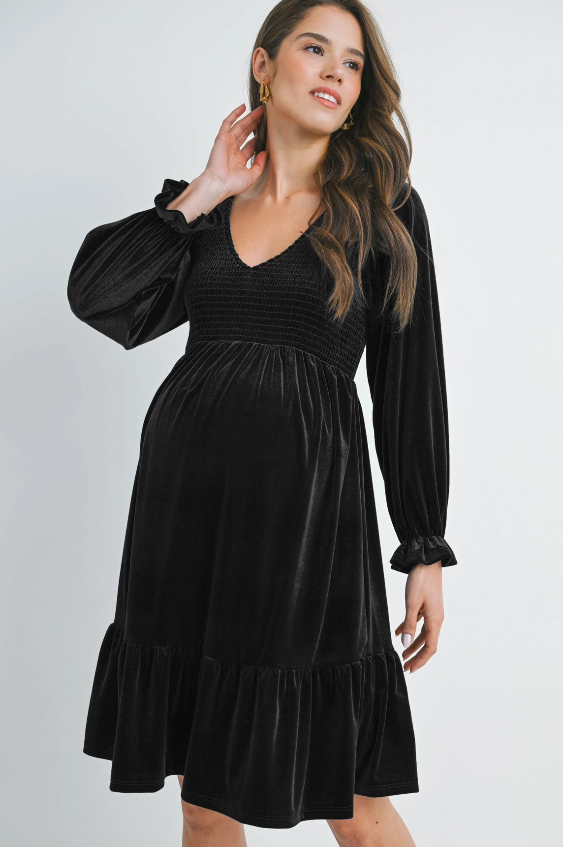 Black Smocked Velvet Maternity Dress