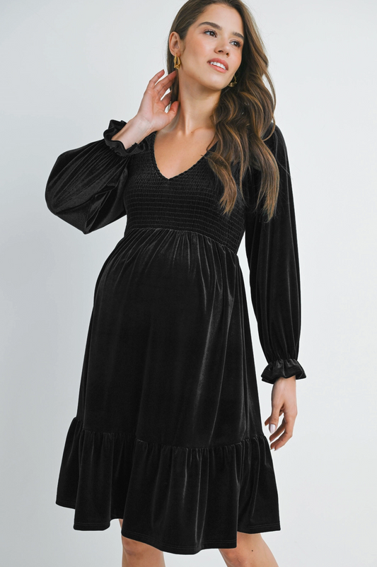 Black Smocked Velvet Maternity Dress