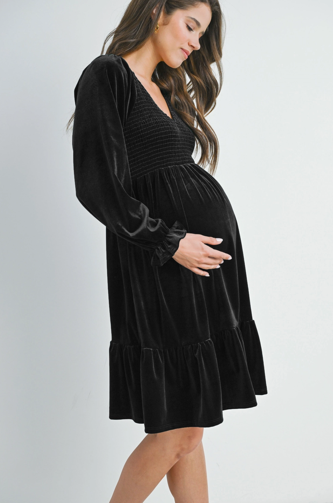 Black Smocked Velvet Maternity Dress