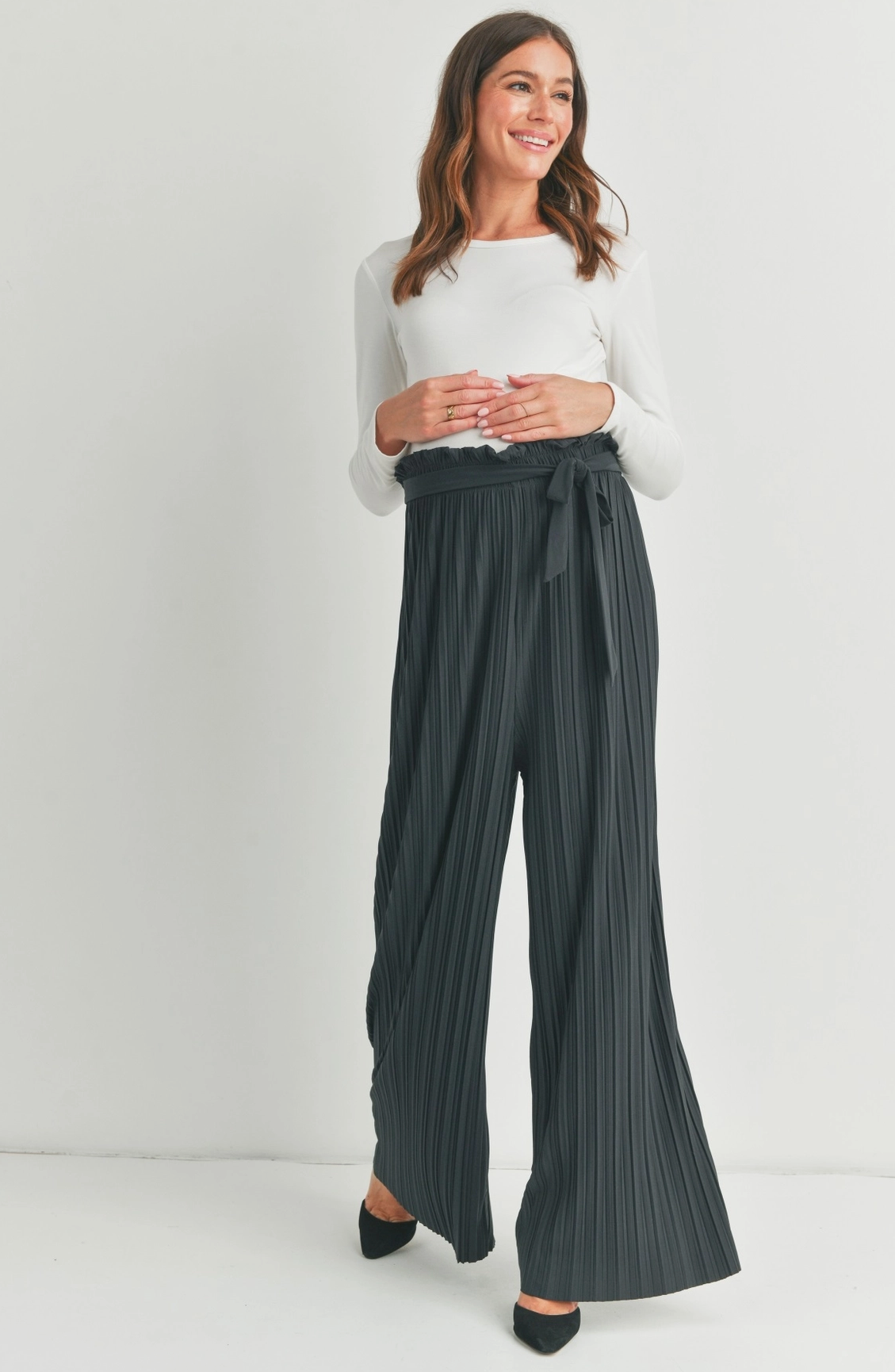 Dark Grey Pleated Wide Leg Maternity Pants