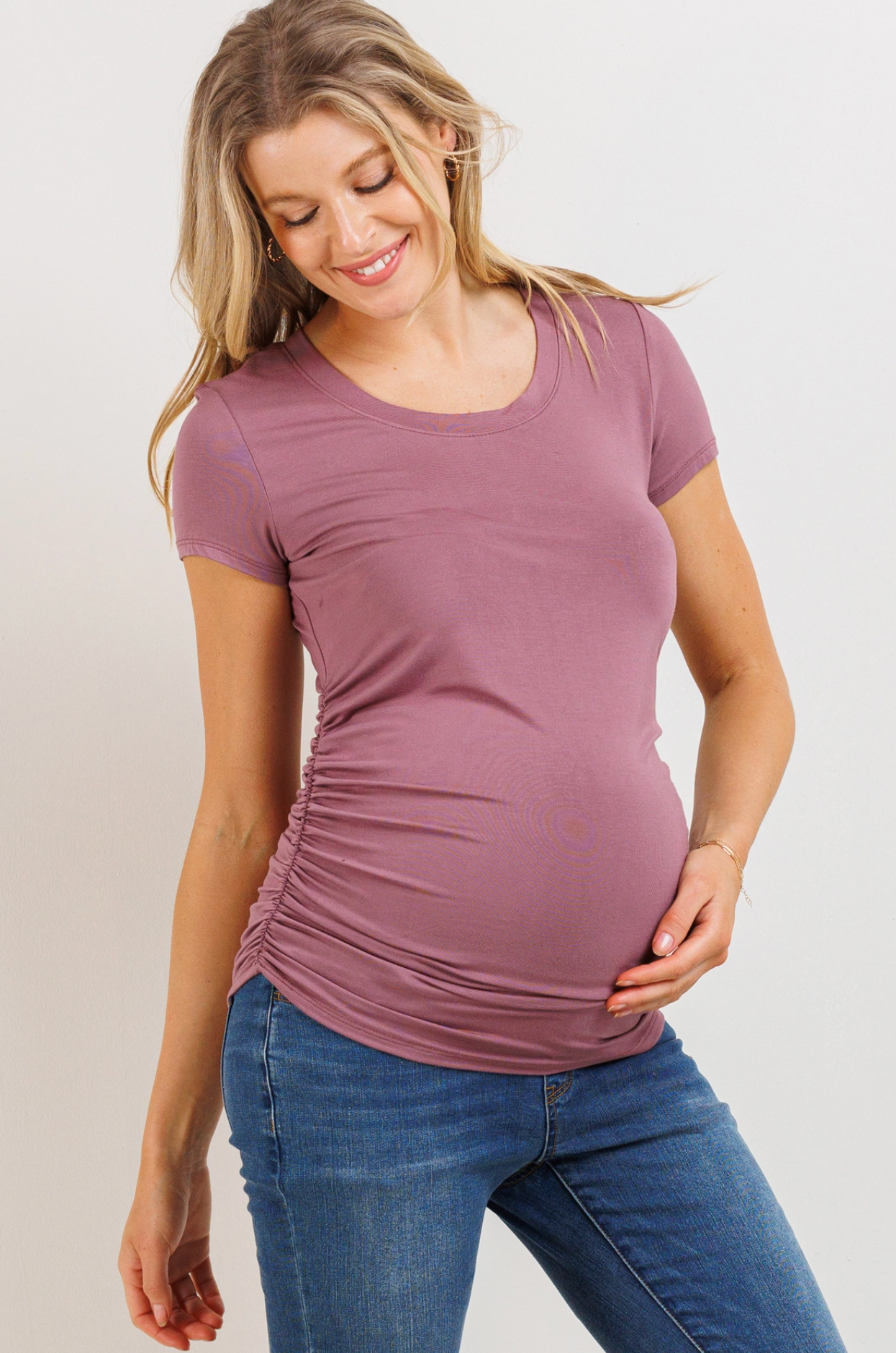 Mauve Round Neck Ruched Maternity Top