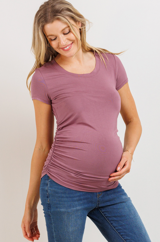 Mauve Round Neck Ruched Maternity Top