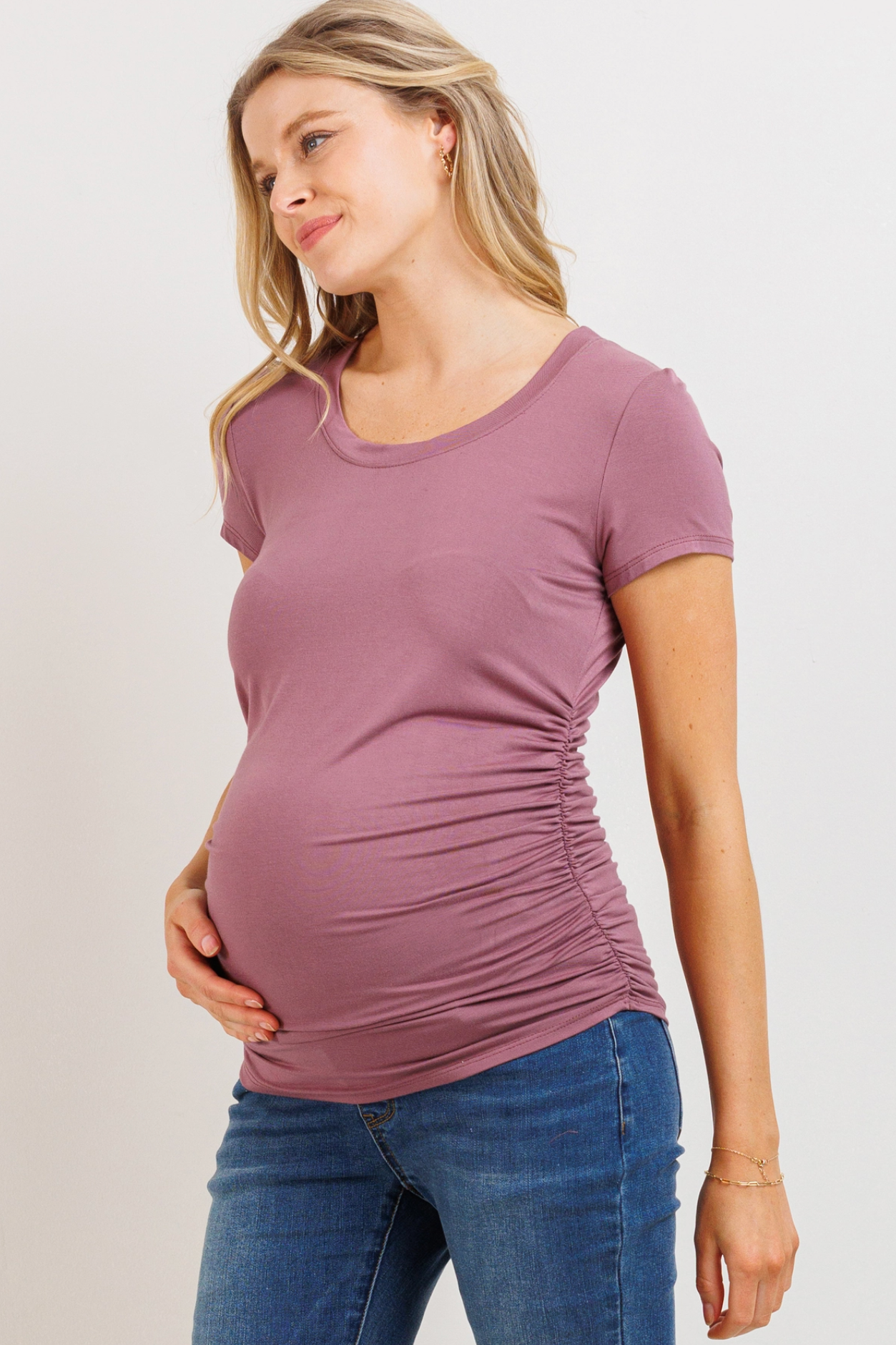 Mauve Round Neck Ruched Maternity Top