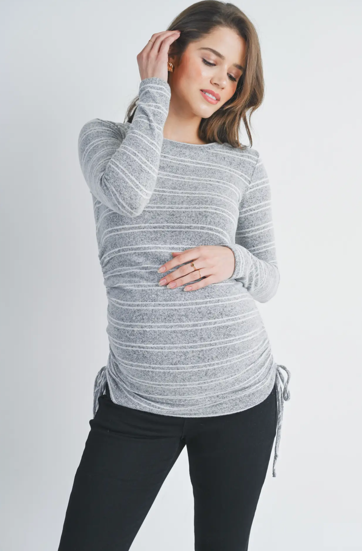 Grey Striped Ruched Maternity Long Sleeve Top