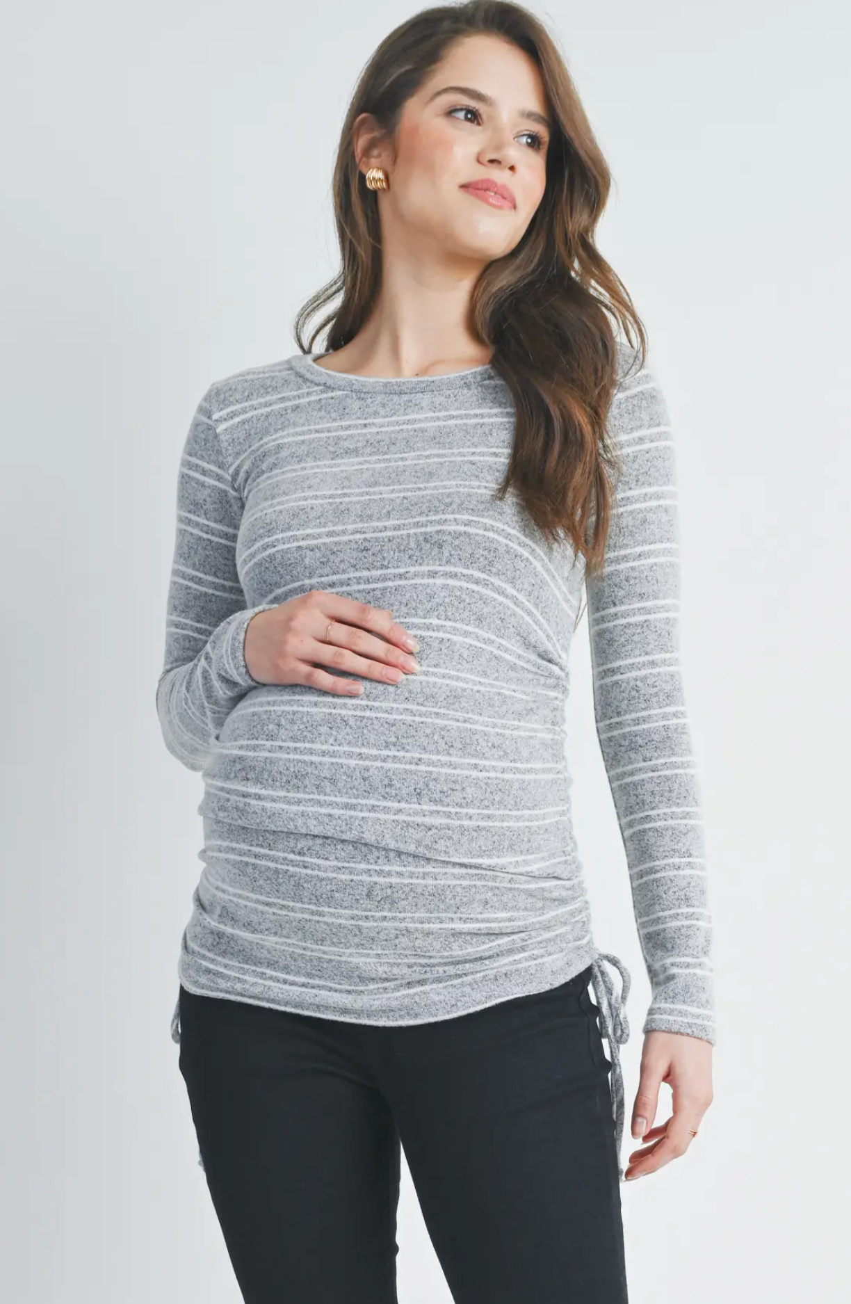 Grey Striped Ruched Maternity Long Sleeve Top