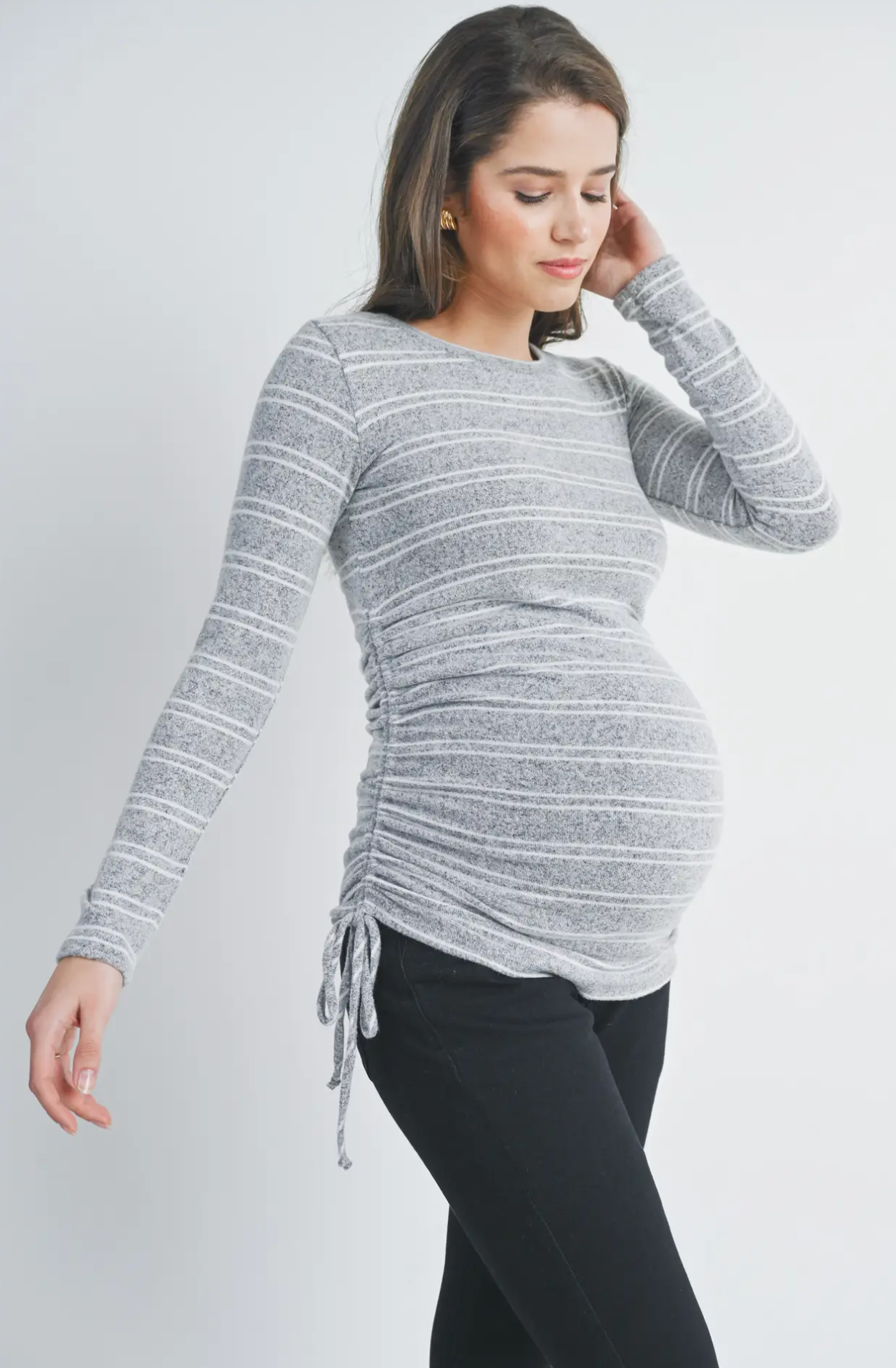 Grey Striped Ruched Maternity Long Sleeve Top