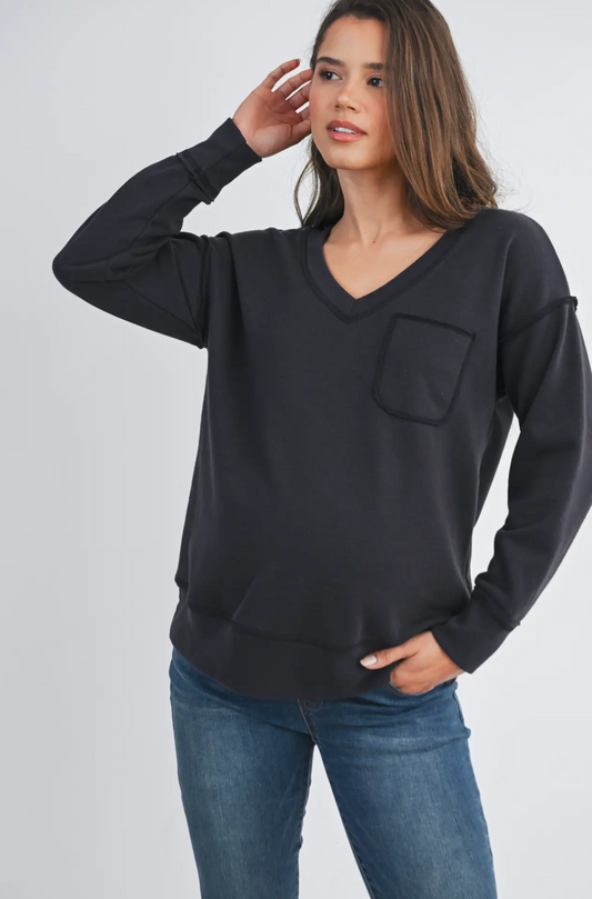 Black Terry V-Neck Pocket Pullover