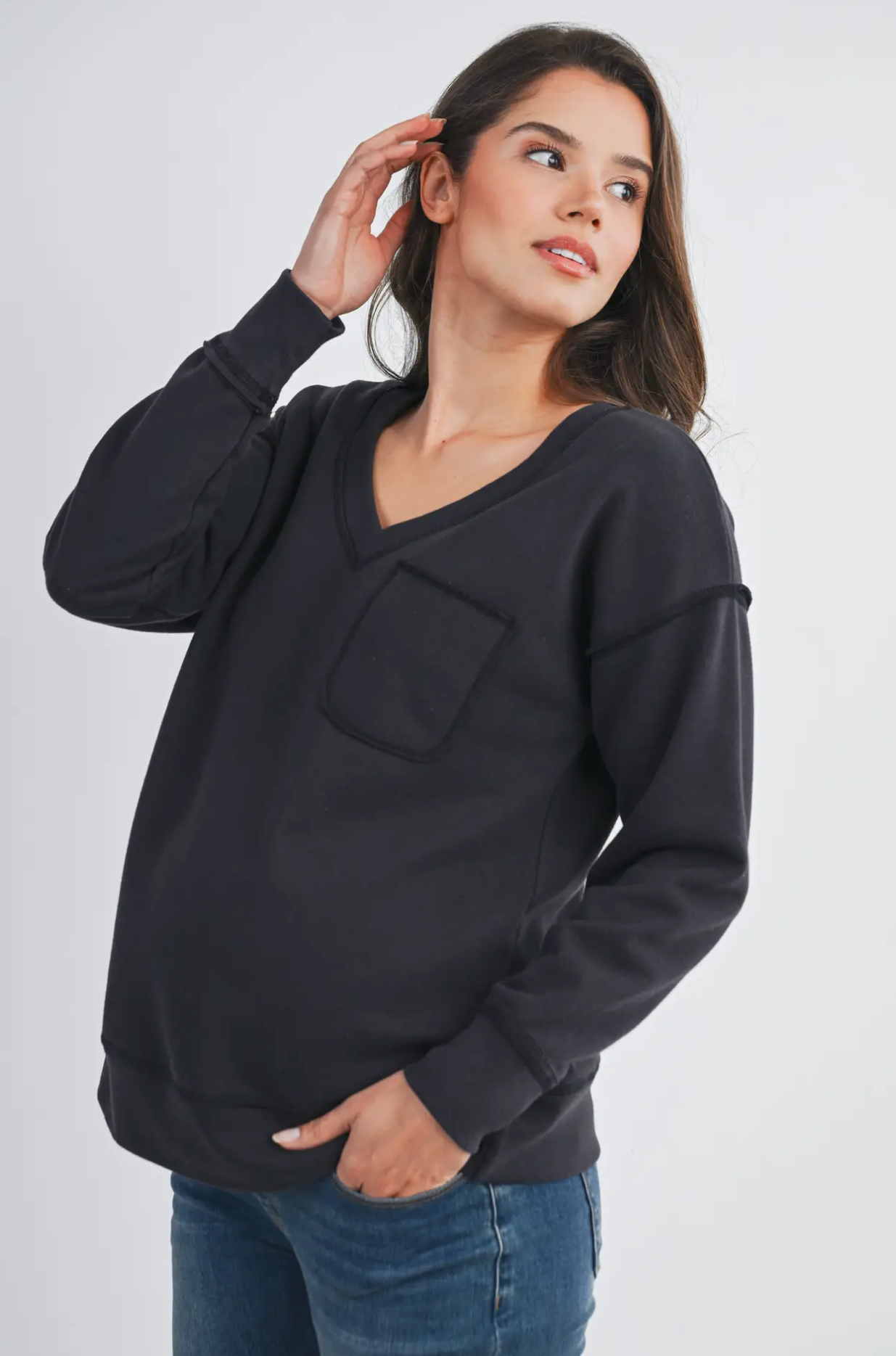 Black Terry V-Neck Pocket Pullover