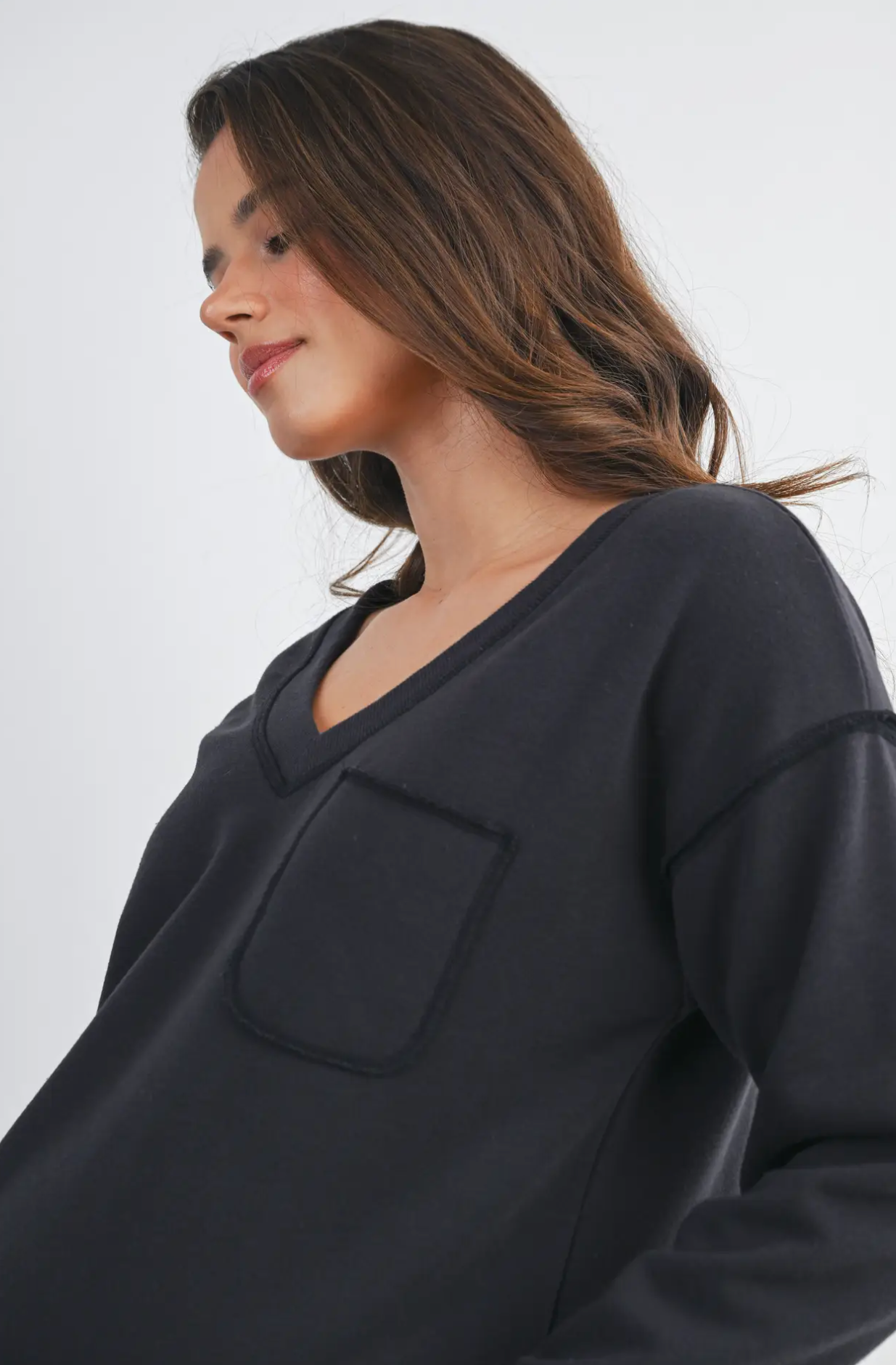 Black Terry V-Neck Pocket Pullover