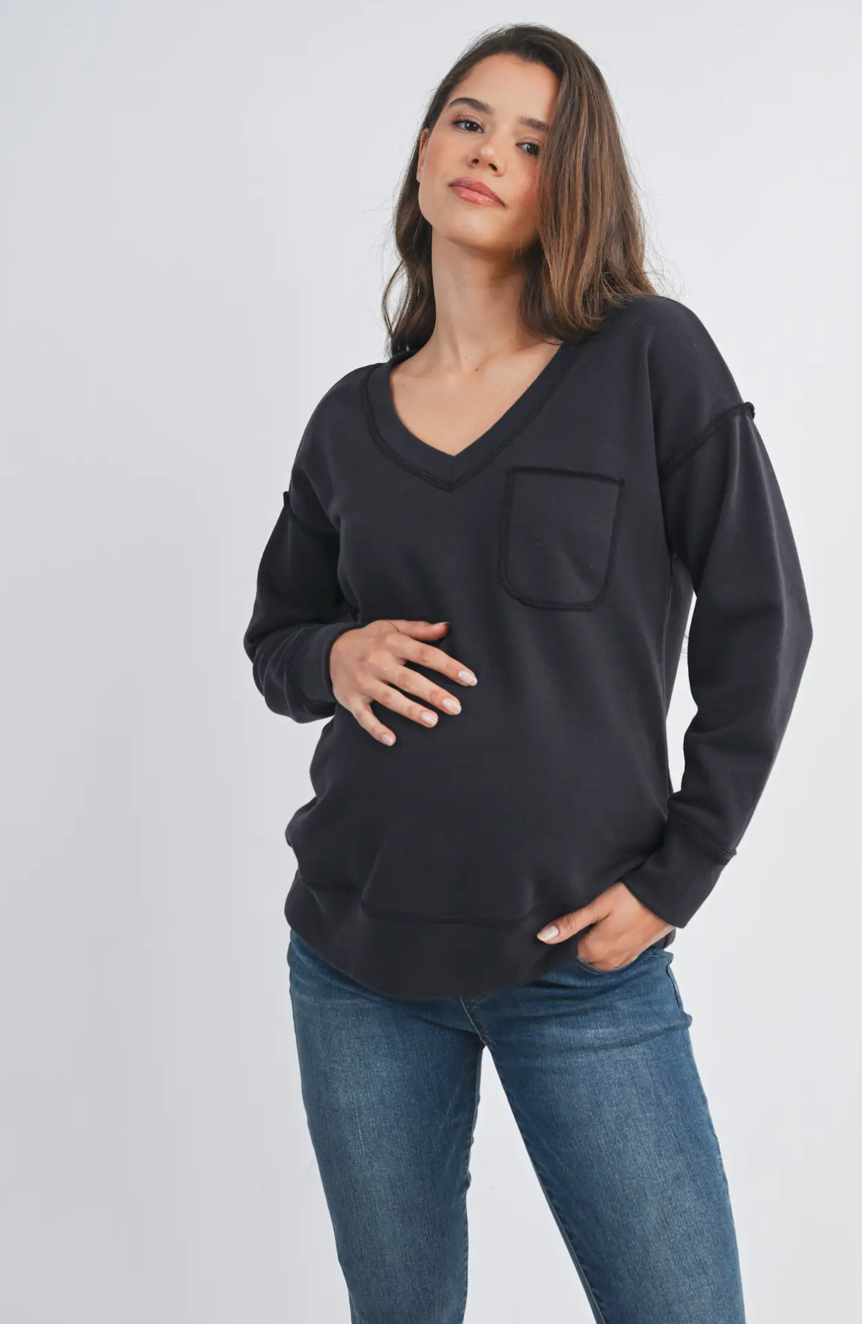 Black Terry V-Neck Pocket Pullover
