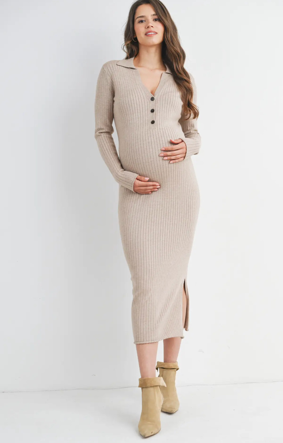 Oatmeal Ribbed Collar Midi Dress