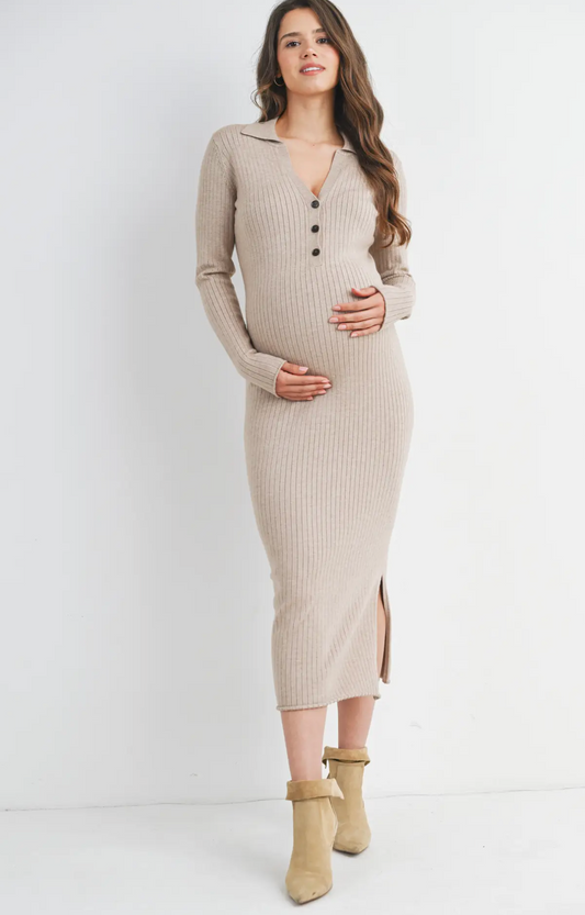 Oatmeal Ribbed Collar Midi Dress