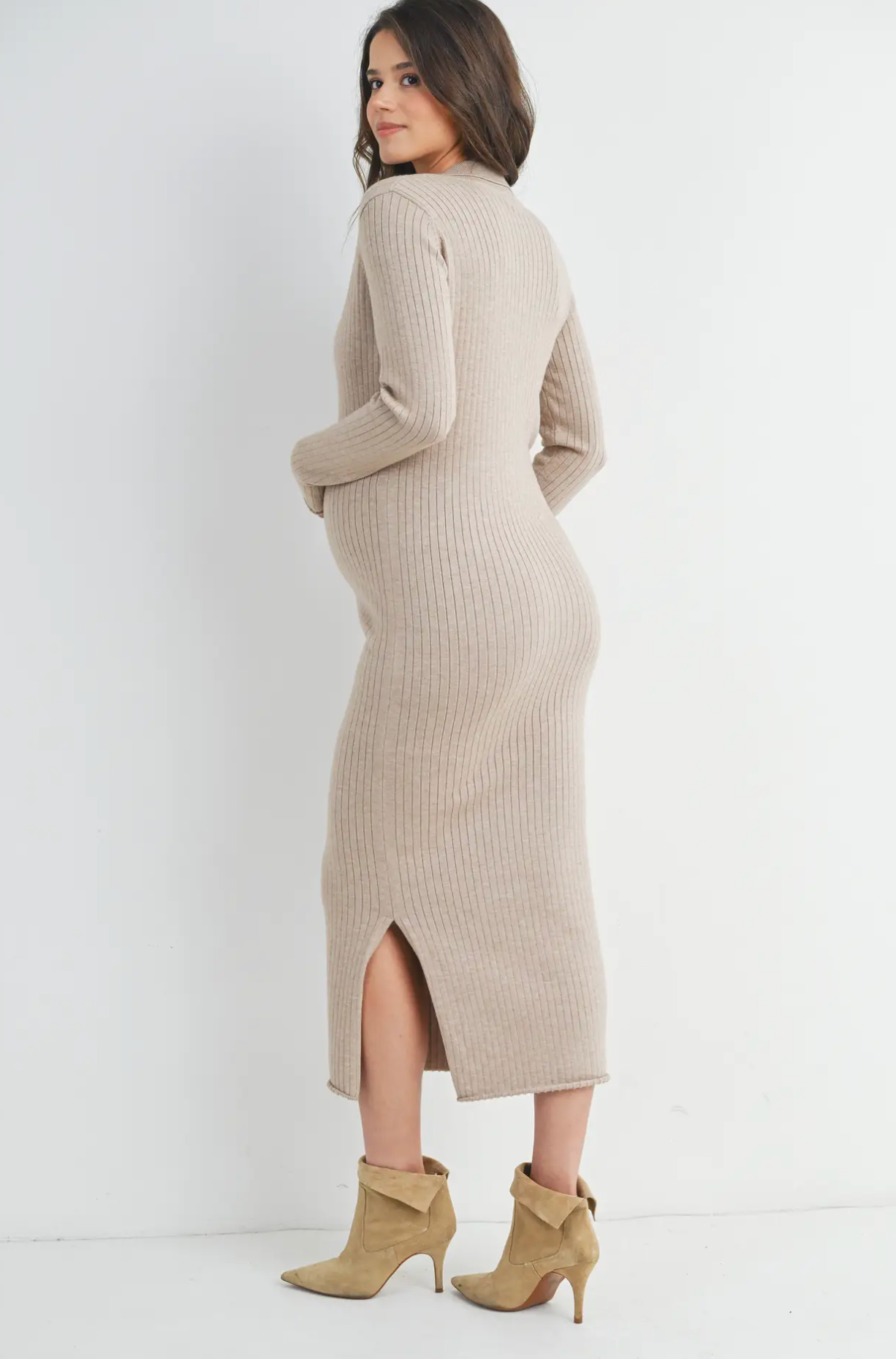 Oatmeal Ribbed Collar Midi Dress