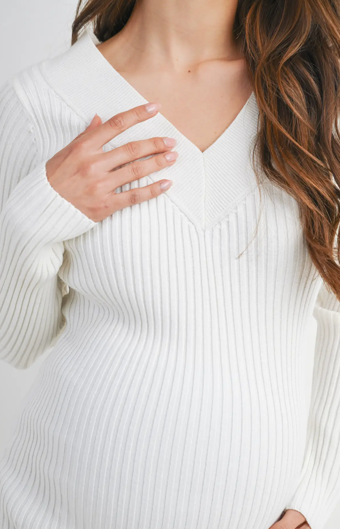 White Knit V-Neck Sweater