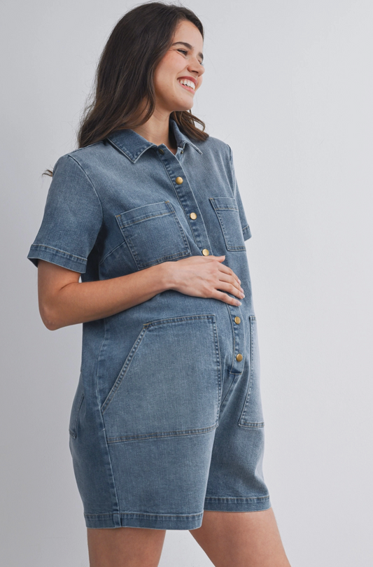 Denim Button Maternity Romper