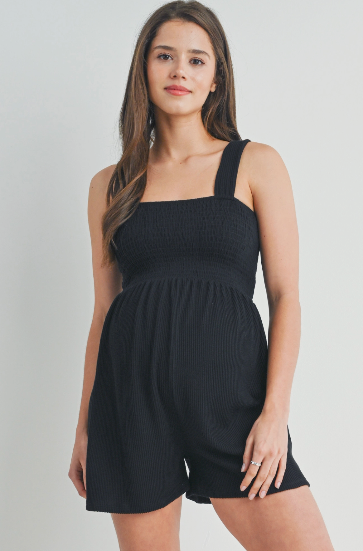 Black Smocked Ribbed Maternity Romper