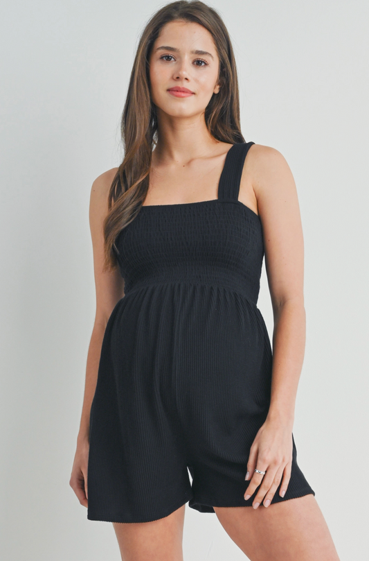 Black Smocked Ribbed Maternity Romper