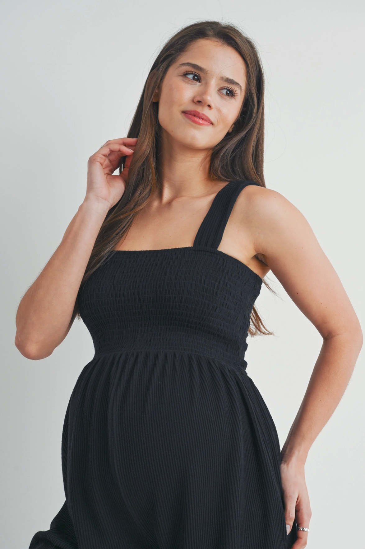 Black Smocked Ribbed Maternity Romper