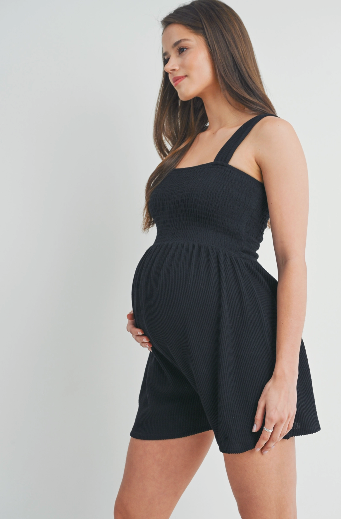 Black Smocked Ribbed Maternity Romper