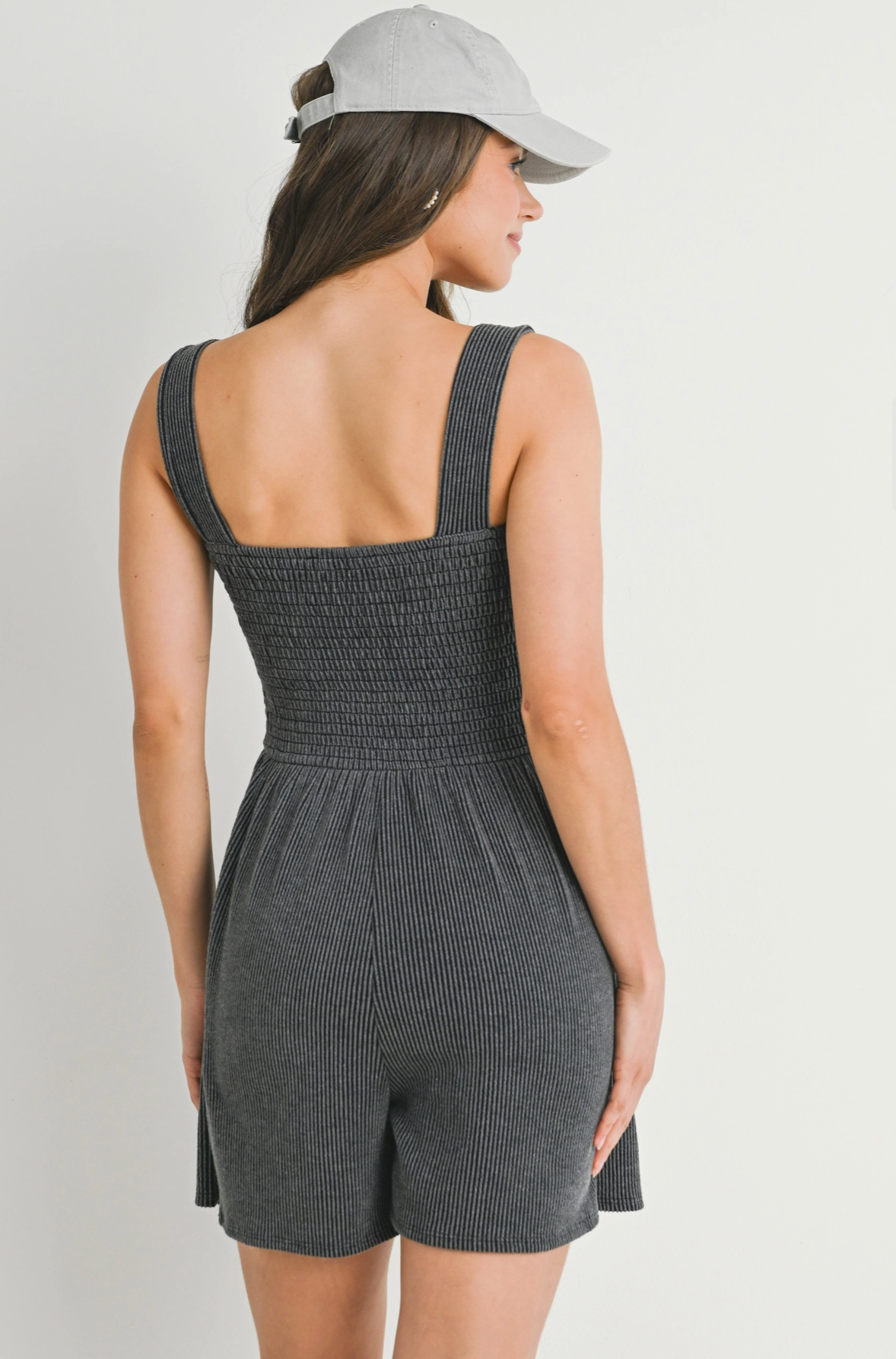 Charcoal Smocked Ribbed Maternity Romper