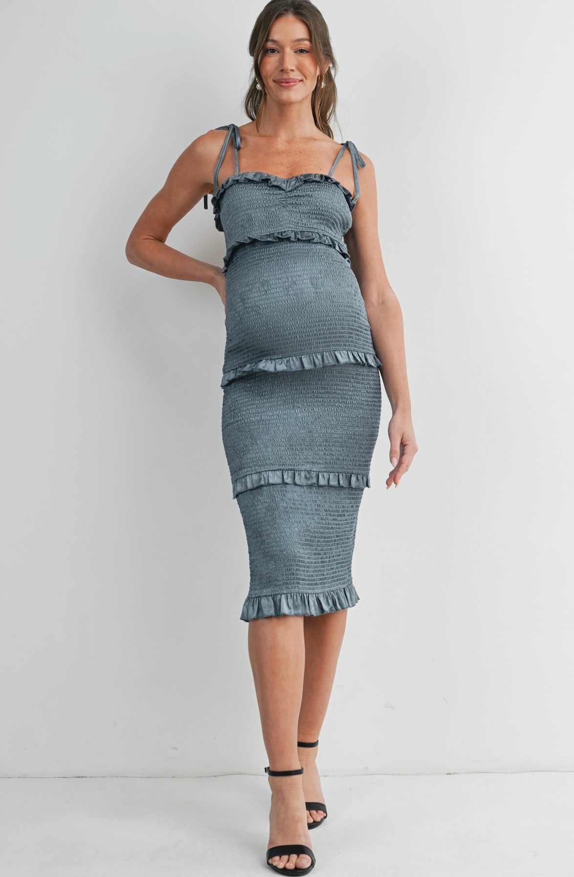 Teal Smocked Ruffle Trim Maternity Dress