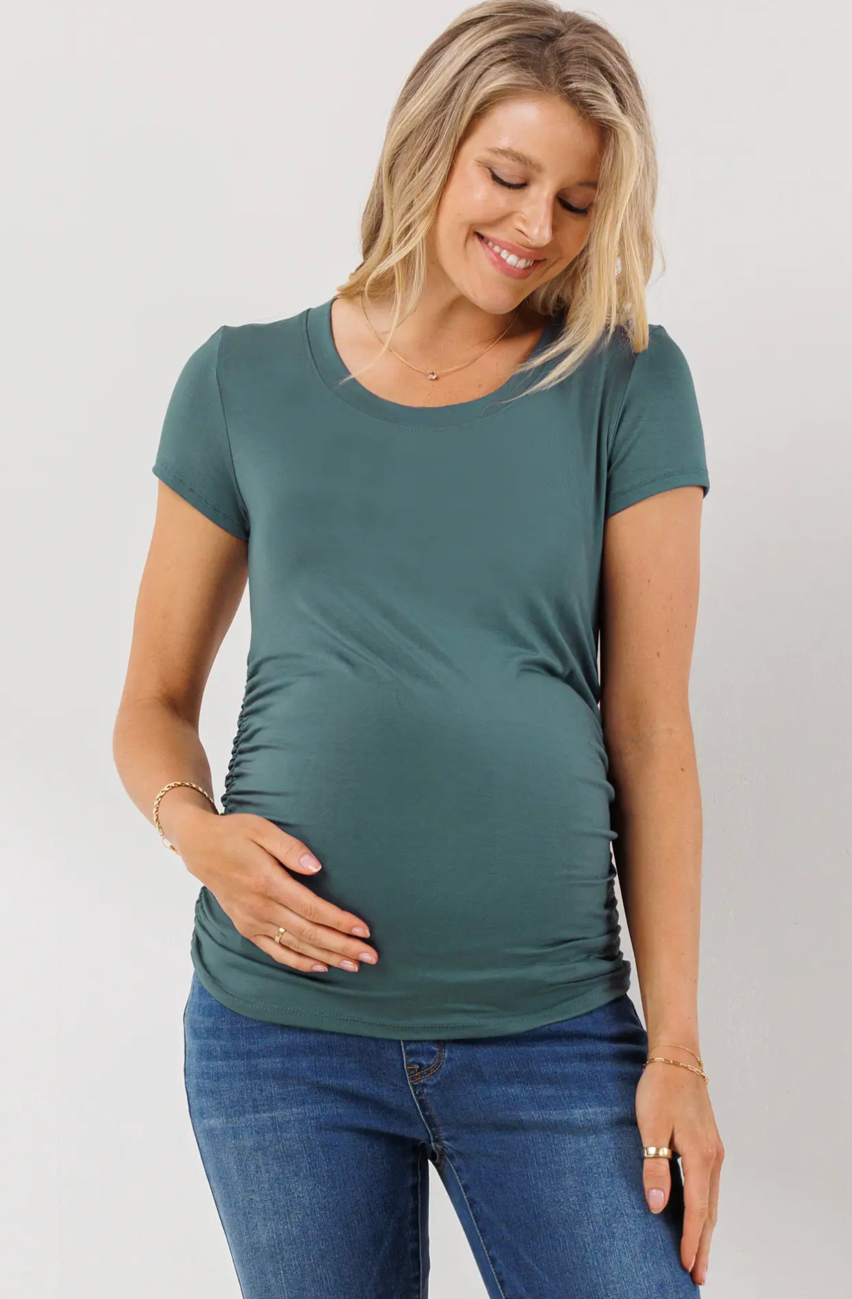 Sea Blue Round Neck Ruched Maternity Tee