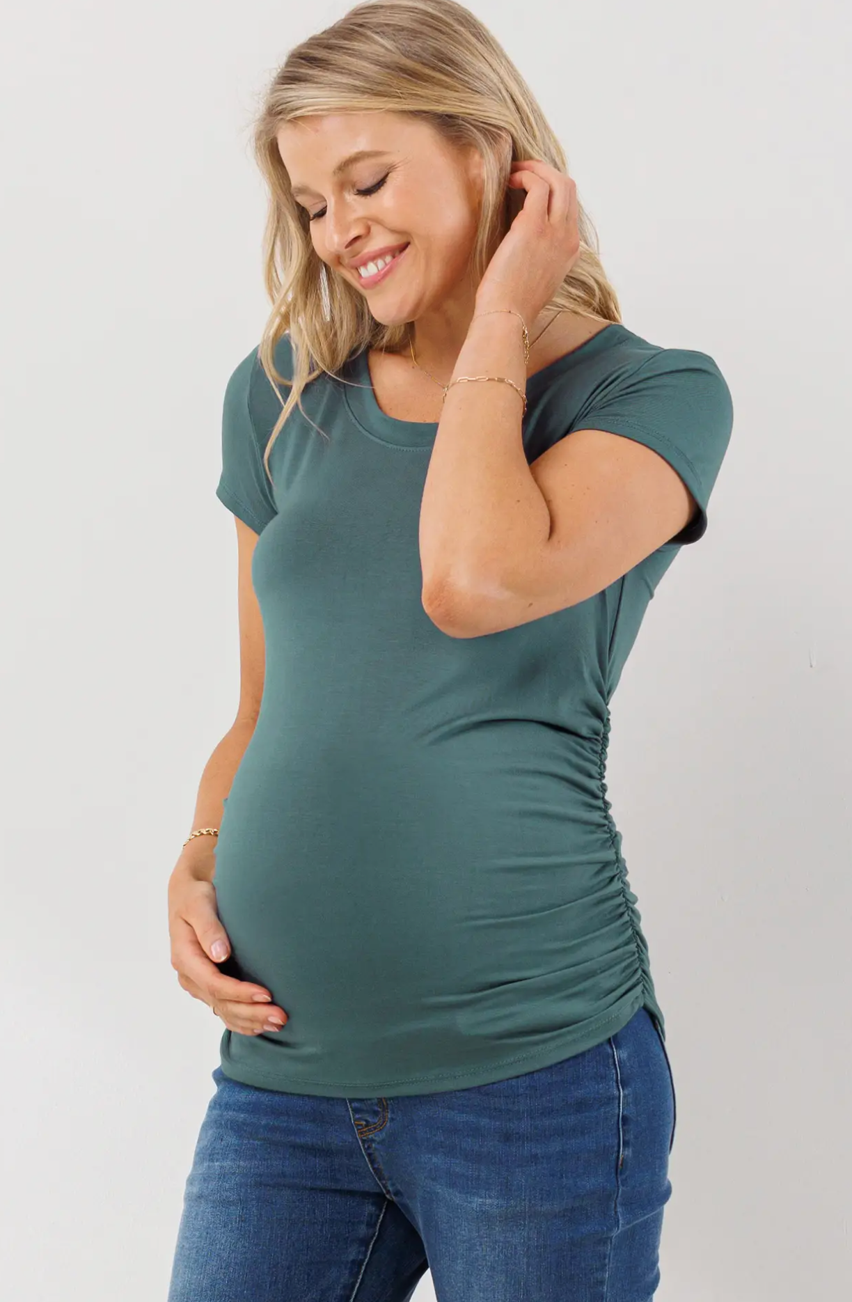 Sea Blue Round Neck Ruched Maternity Tee