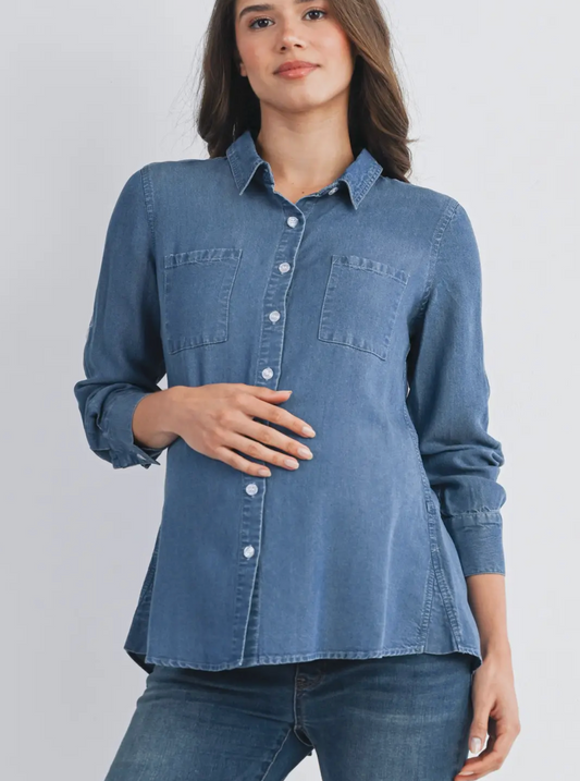 Button Down Medium Chambray Maternity Top