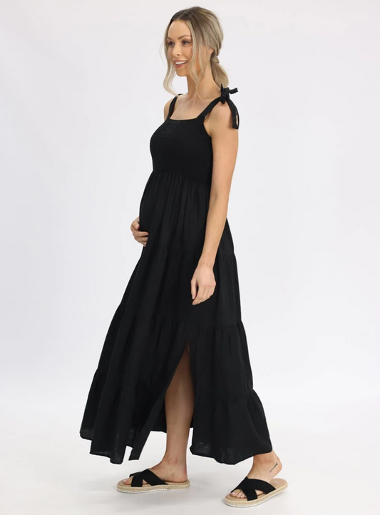 Lillana Black Linen Maternity & Nursing Dress